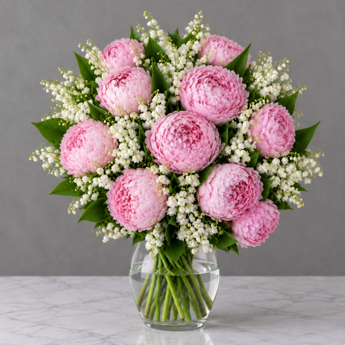 Букет розовых пион и ландышей, фото 3